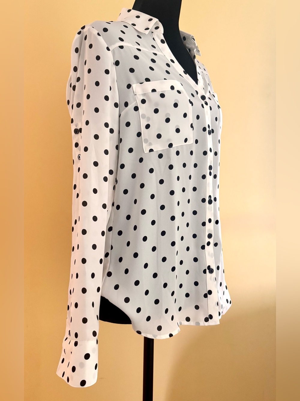 EXPRESS Portofino Shirt Size S Ivory Polka Dot Button Blouse Roll Tab Sleeves